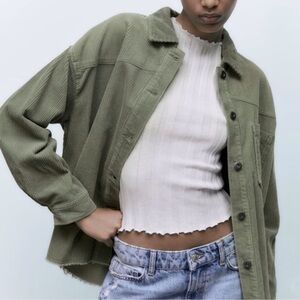Zara oversized Corduroy Overshirt Pocket Olive Shacket jacket shirt Frayed Hem